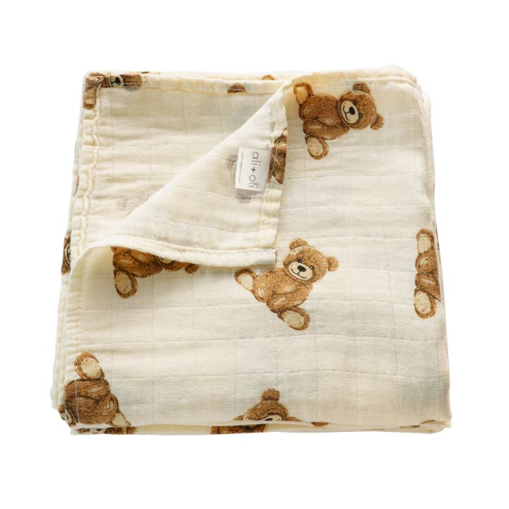 Ali+Oli - Bamboo Muslin Swaddle Baby Blanket (Teddy Bear)