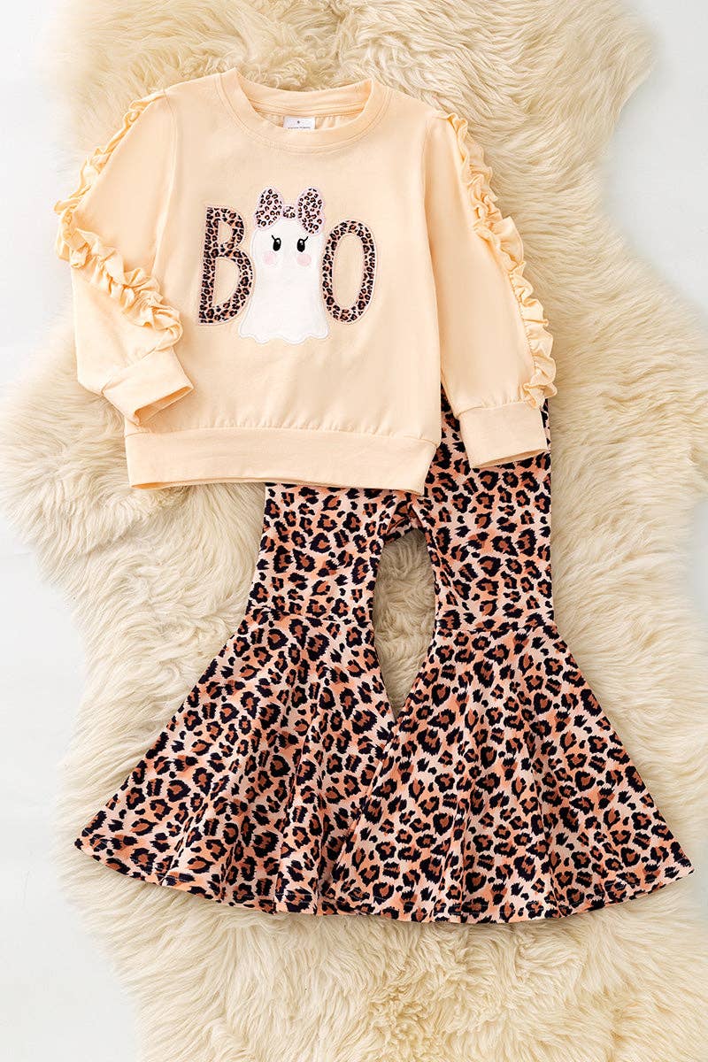 Kids Charm Online - "Boo" Ghost application long sleeve top with ruffle sleeve and animal printed bells. OFG61764 AMY