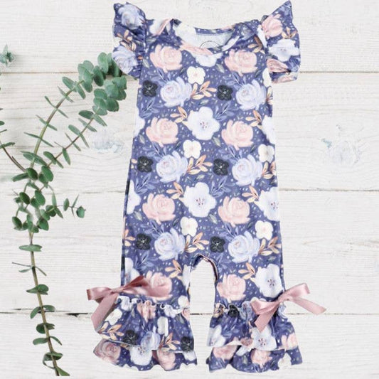 Purple Pink Floral Ruffle Leg Romper