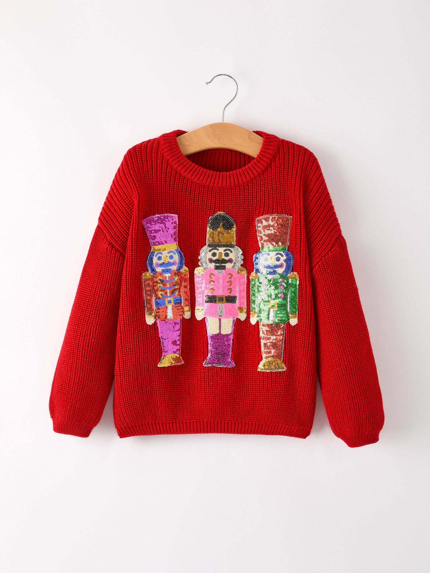 Red Christmas Girls Nutcracker Sequins Pullover Sweater