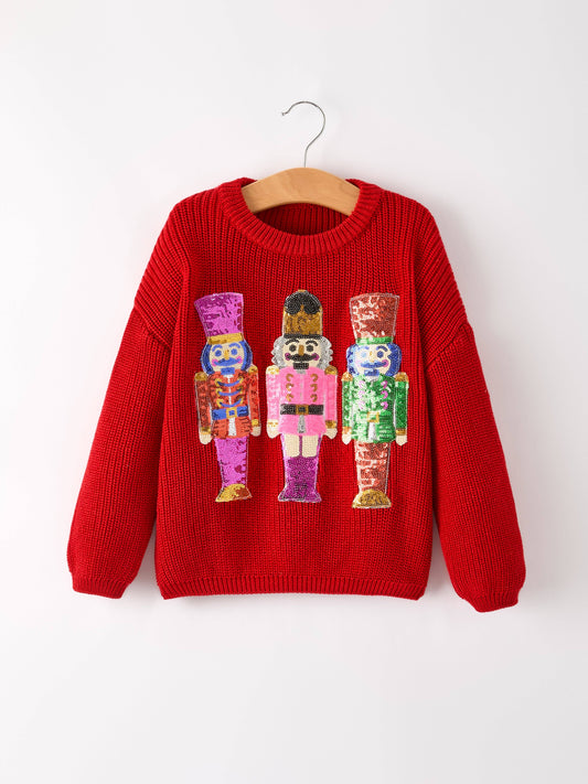 Red Christmas Girls Nutcracker Sequins Pullover Sweater