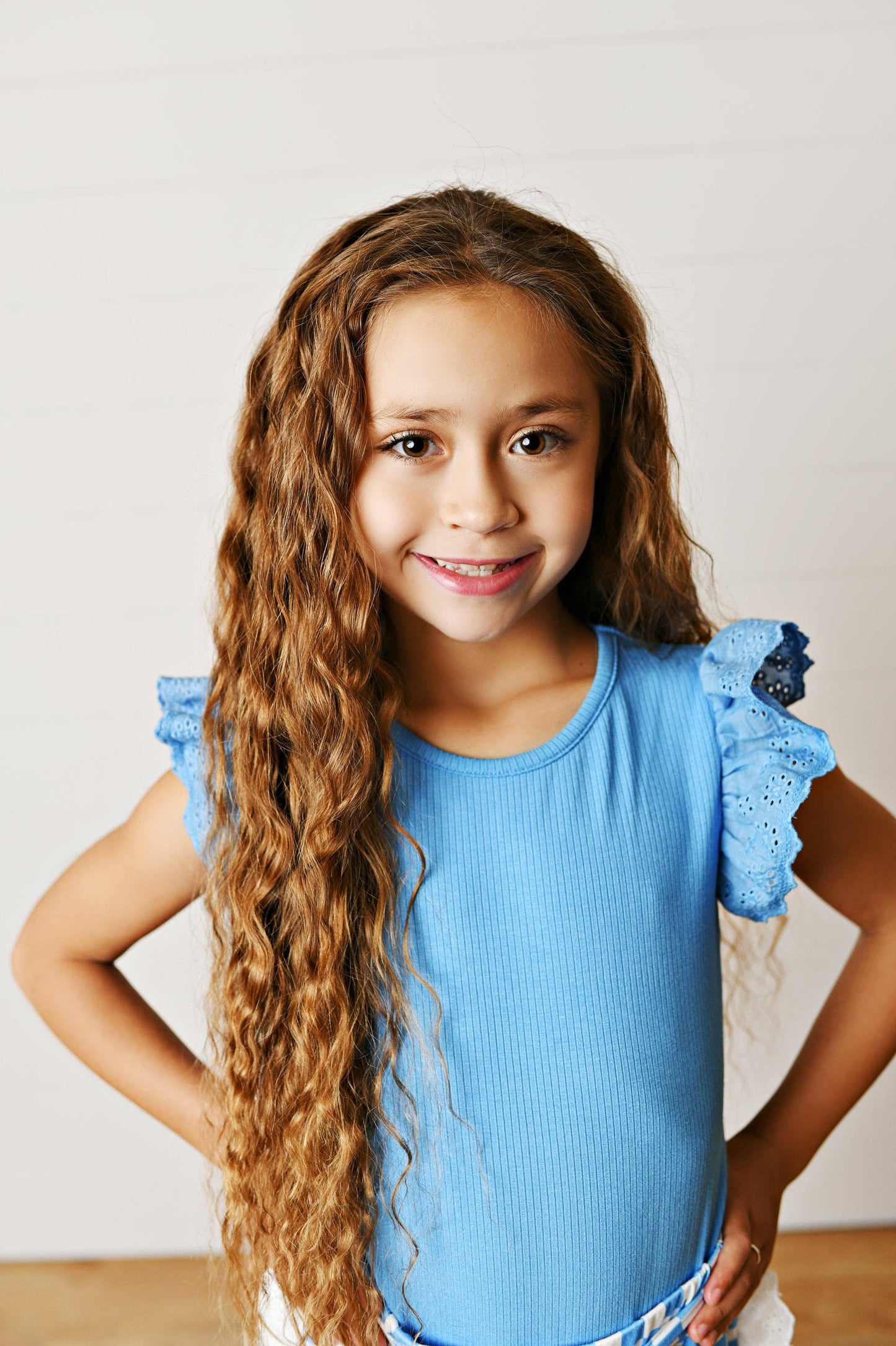 Girls Blue Lace Checkered Spring Summer Ruffle Short Set