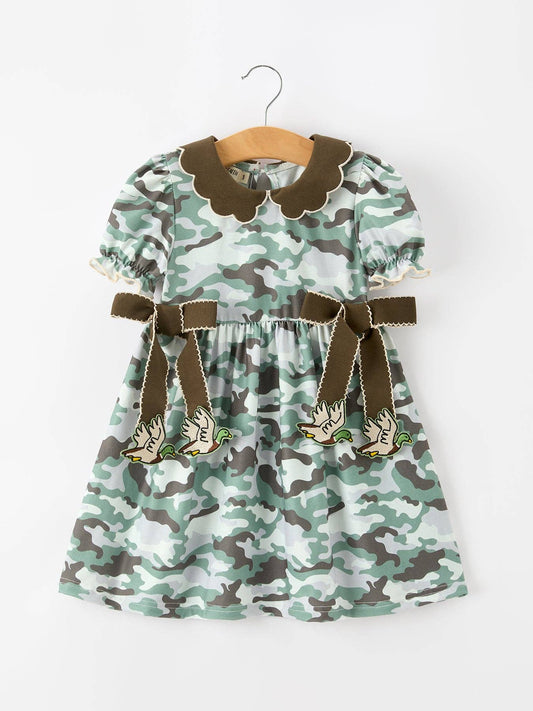 Rylee Faith Designs - Fall Camo Bow Girls Puff Sleeve Twirl Dress