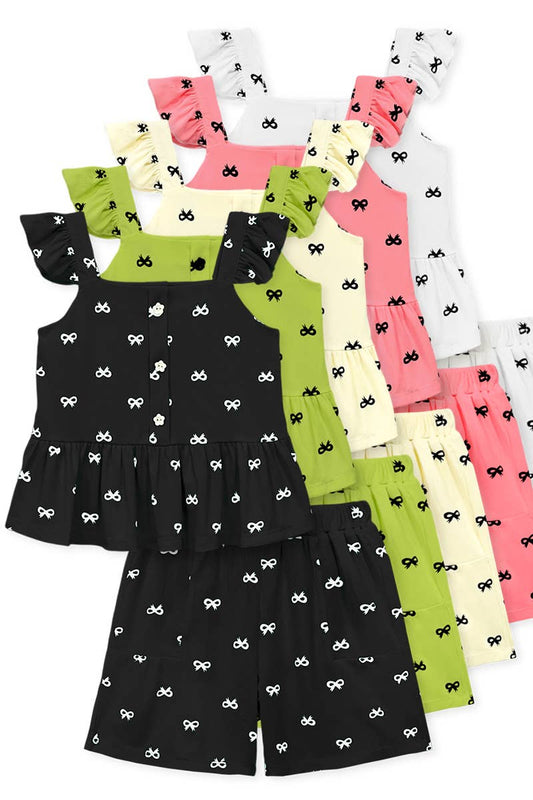 Girl's 2 pc Short Set w/ Ruffle & Bow Print