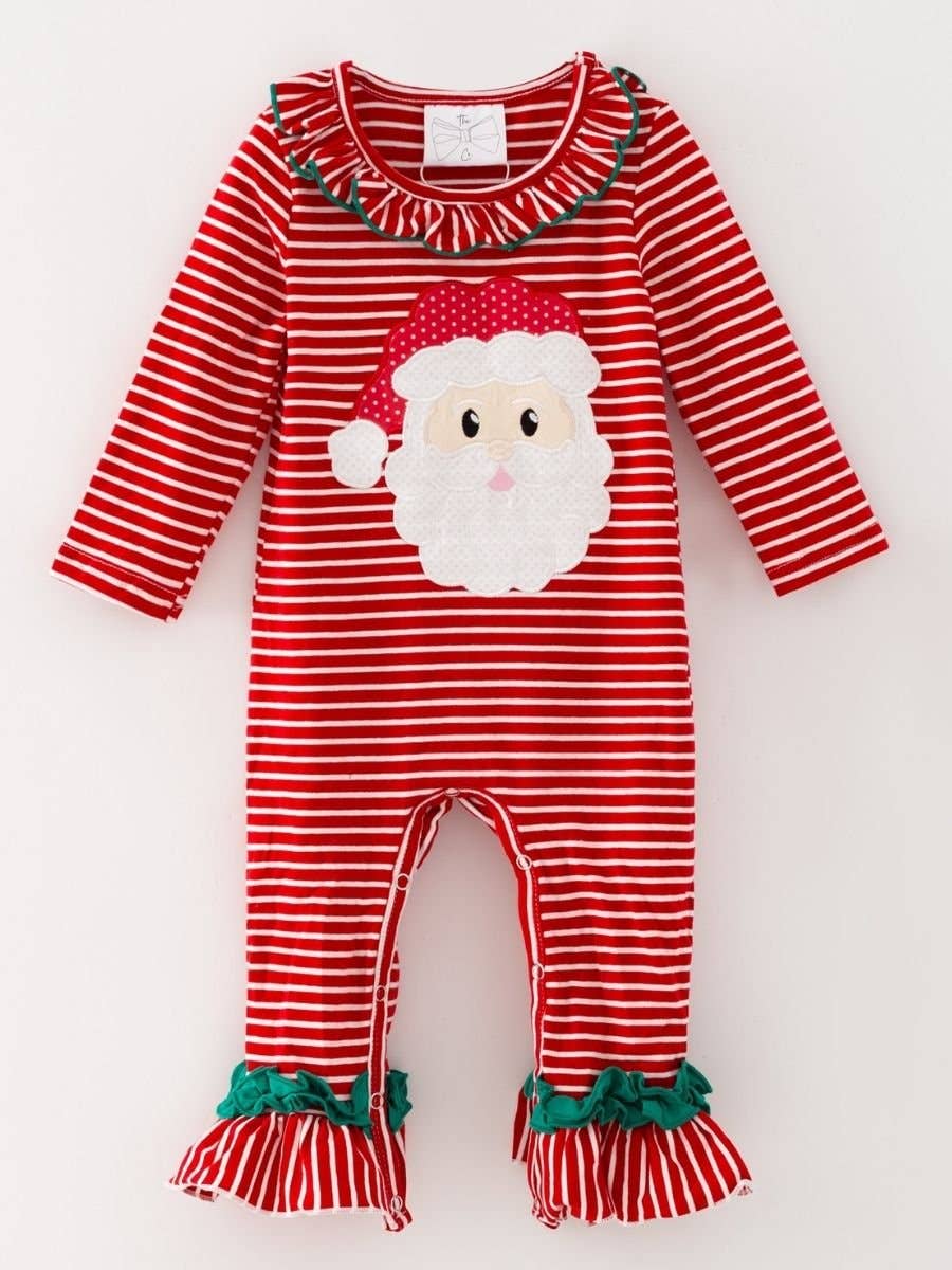 Striped Santa Face Baby Girl Ruffle Christmas Romper