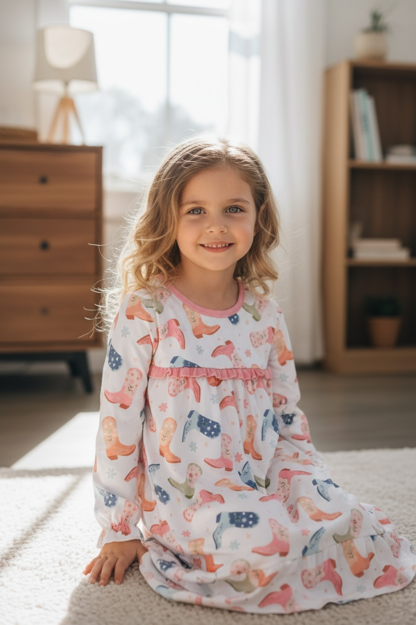 Multi-printed western boot pajama dress with ruffle hem