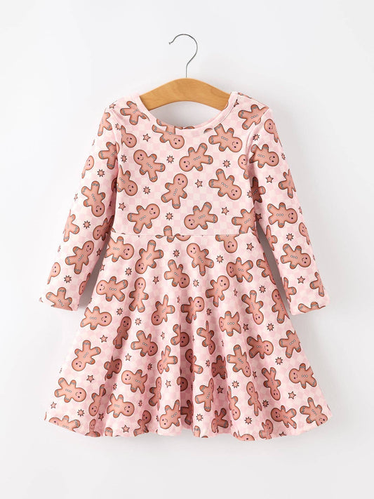 Gingerbread Print Twirl Long Sleeve Dress