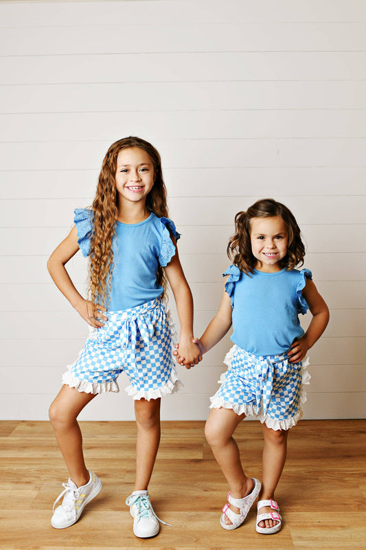 Girls Blue Lace Checkered Spring Summer Ruffle Short Set