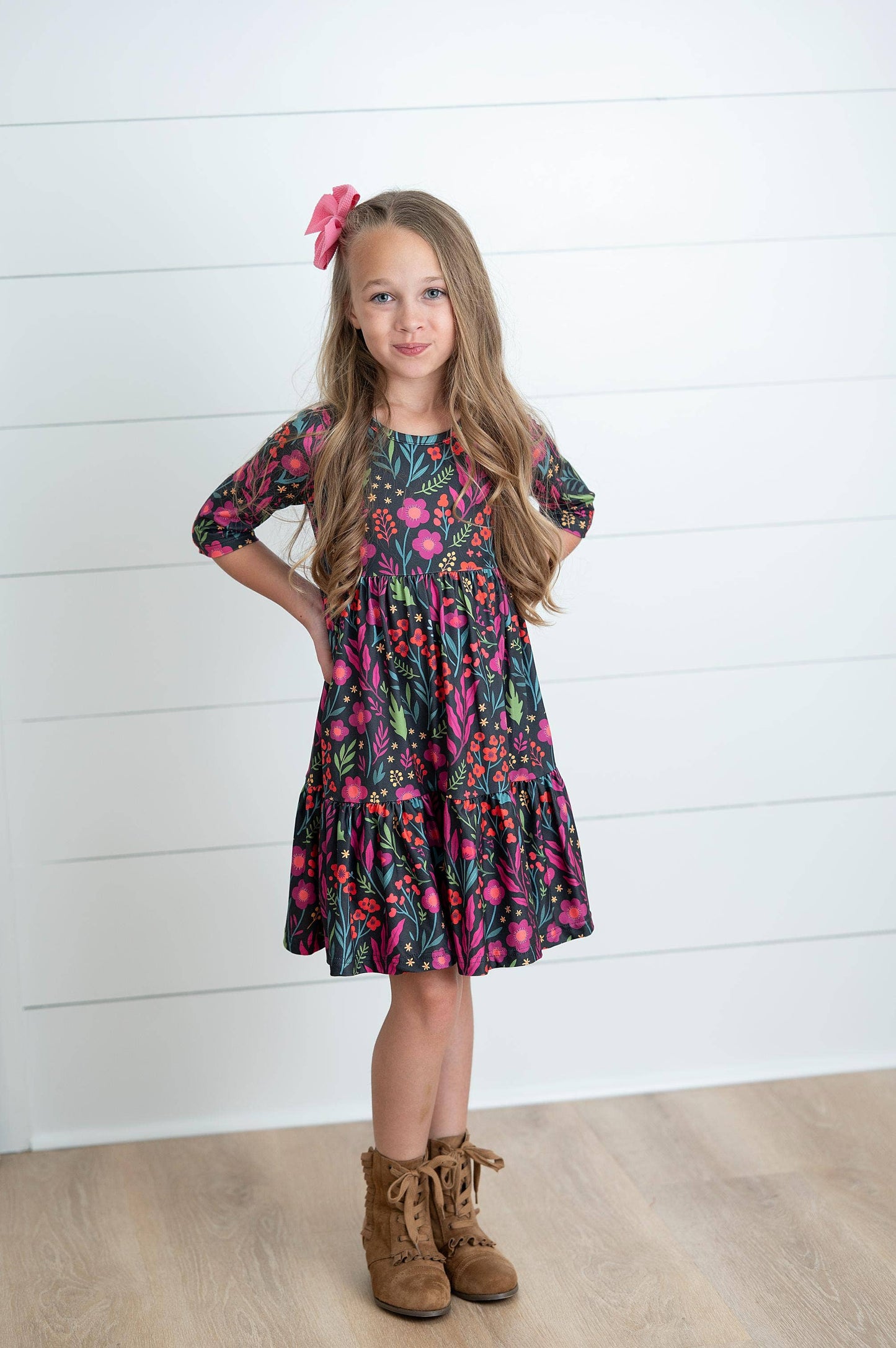 Oopsie Daisy - Girls Emma Dark Magenta Fall Floral Tiered Twirl Dress