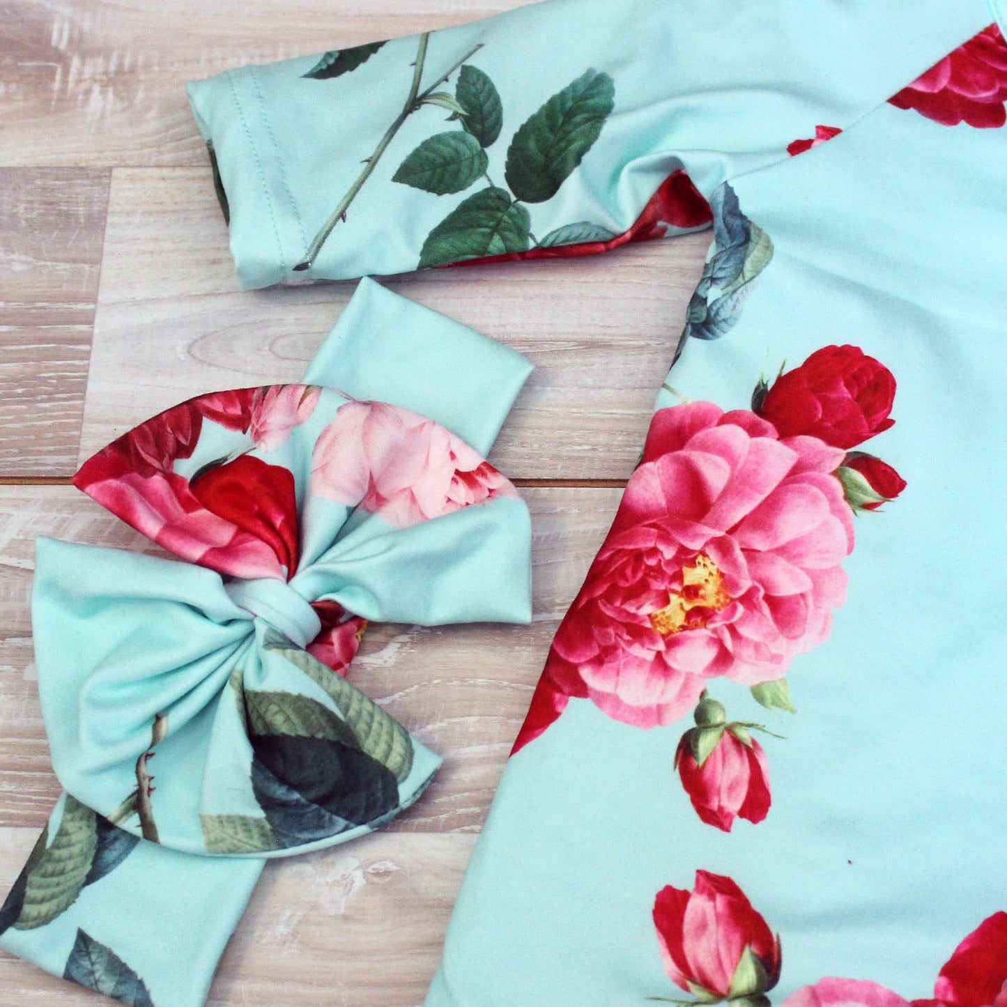 Adorable Sweetness - Infant Girls Teal Rose Baby Gown and Bow Headband