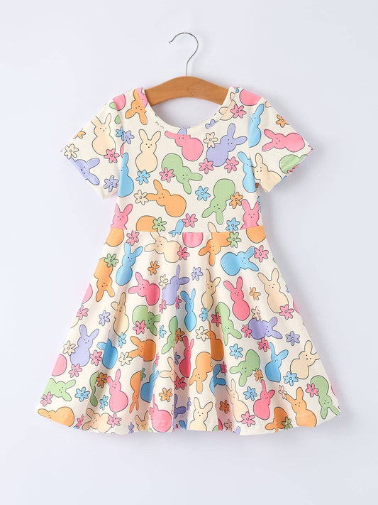 Rylee Faith Designs - Easter Colorful Bunny Girls Twirl Short-sleeved Dress