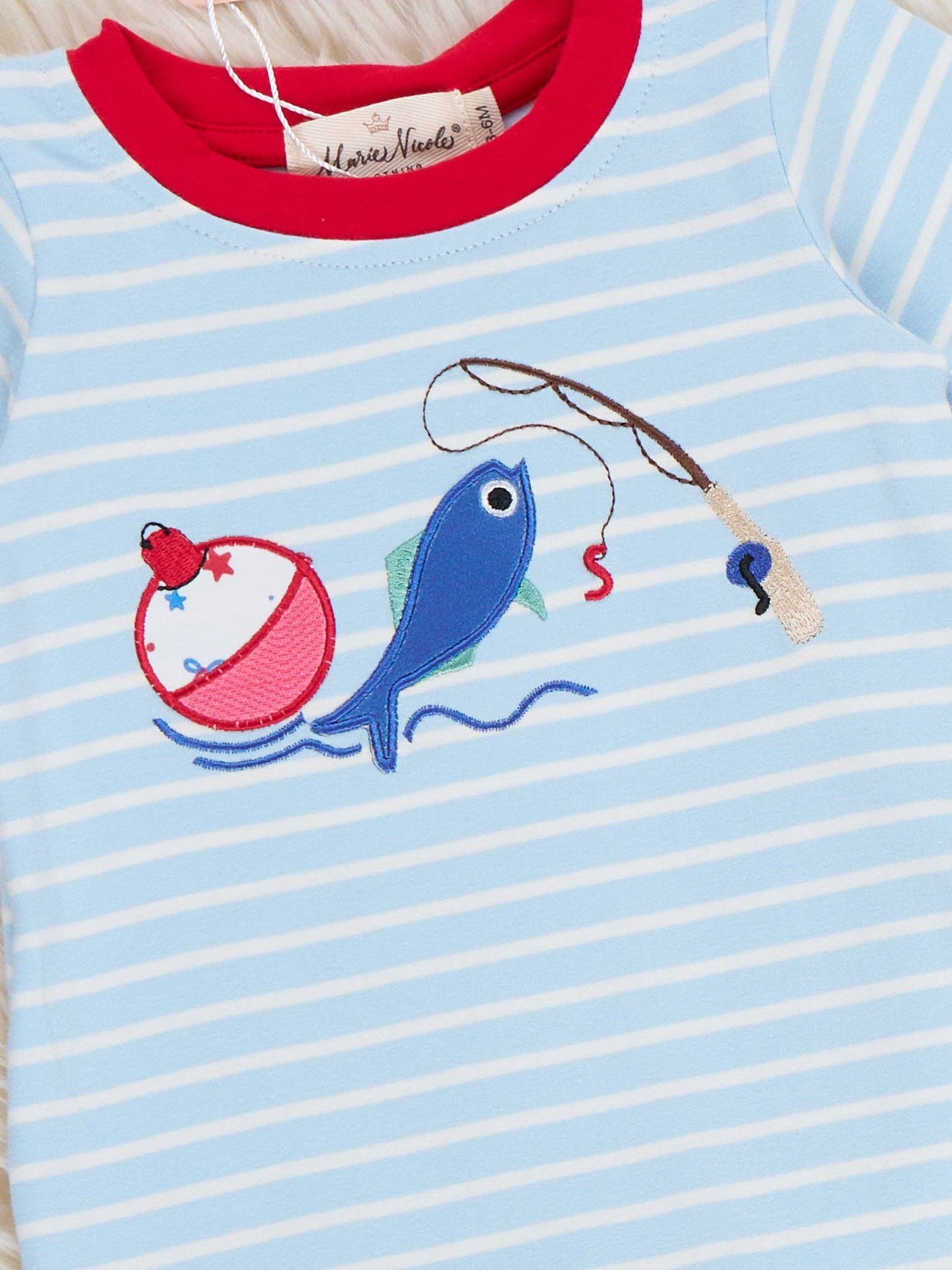 Fishing Fun Embroidered Striped Cotton Romper