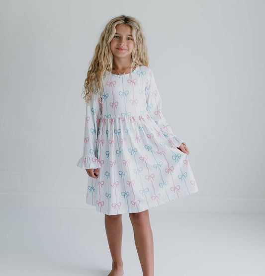 Girls Claire Coquette Pink & Blue Bow Winter Twirl Dress