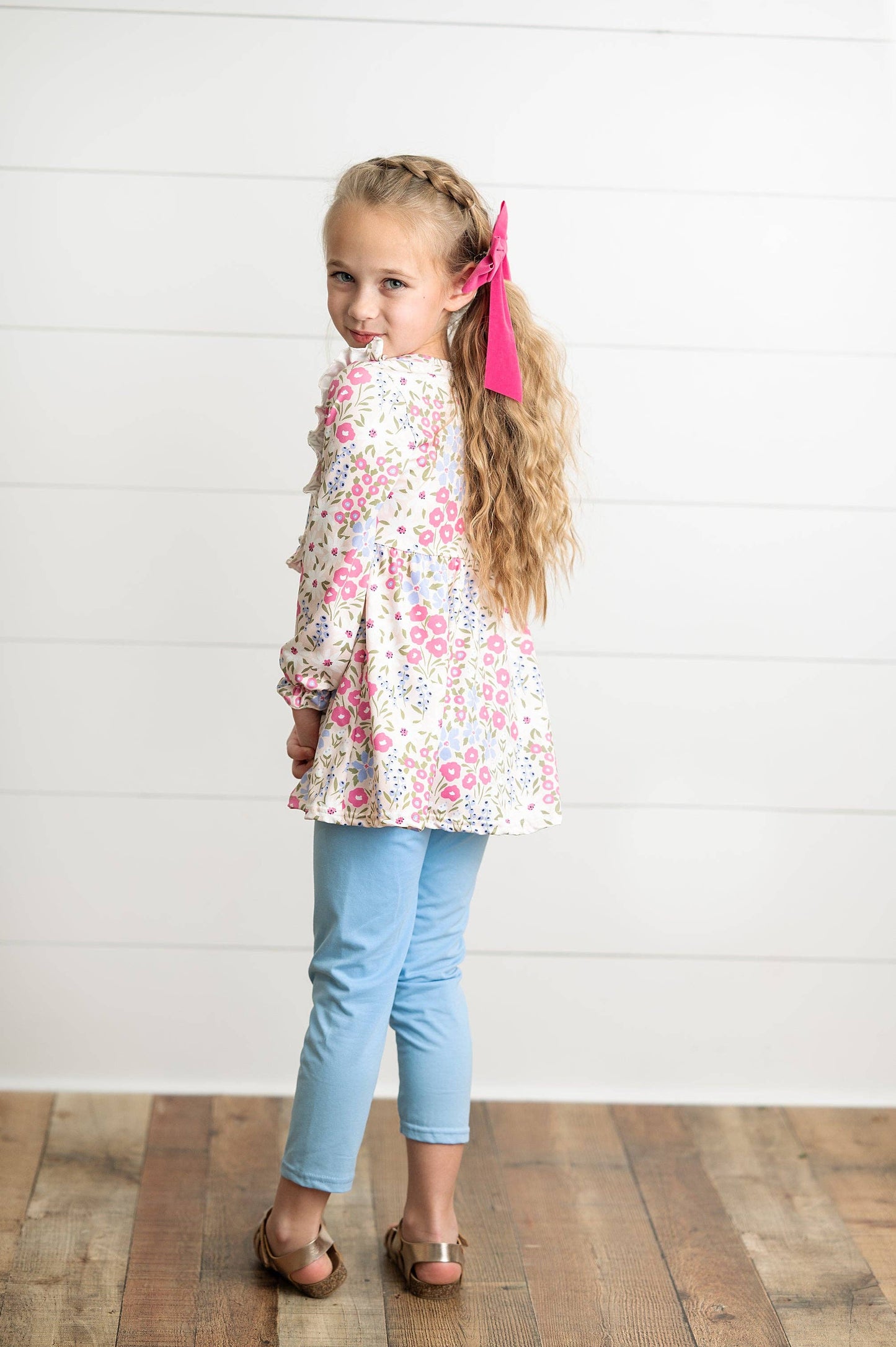 Girls Pink Floral Ruffle Top & Periwinkle Fall Pant Set