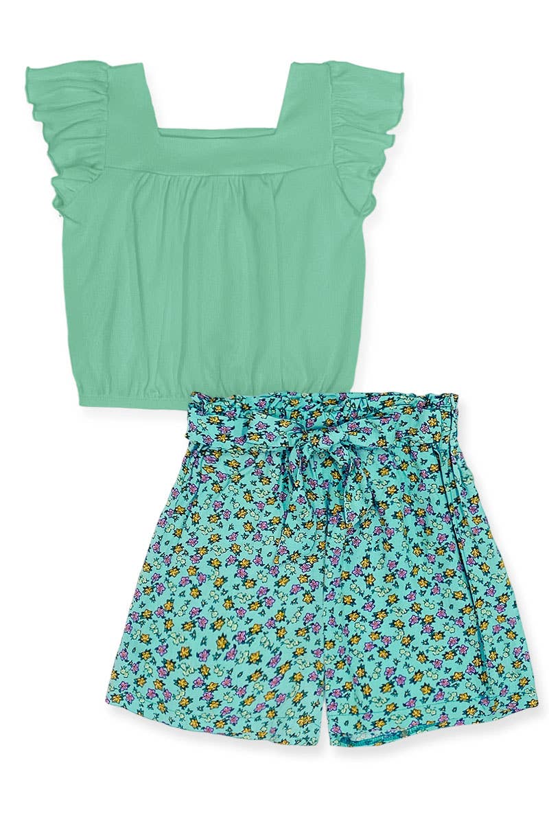 2 pc Floral Short Set w/ Ribbed Top (Emerald)