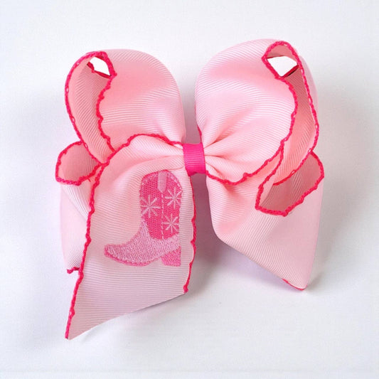 5" Pink western boot embroidered hair bow with fuchsia moon stitch
