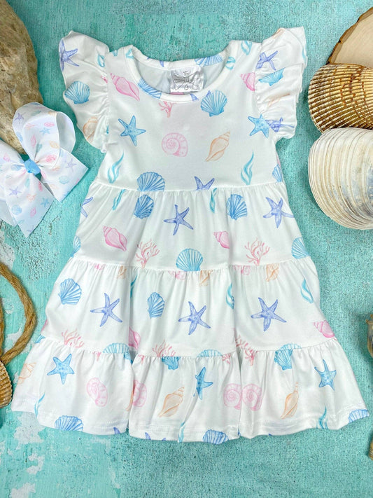 Coastal Seashell Tiered Dress | Girls Ocean Print Ruffle Dress