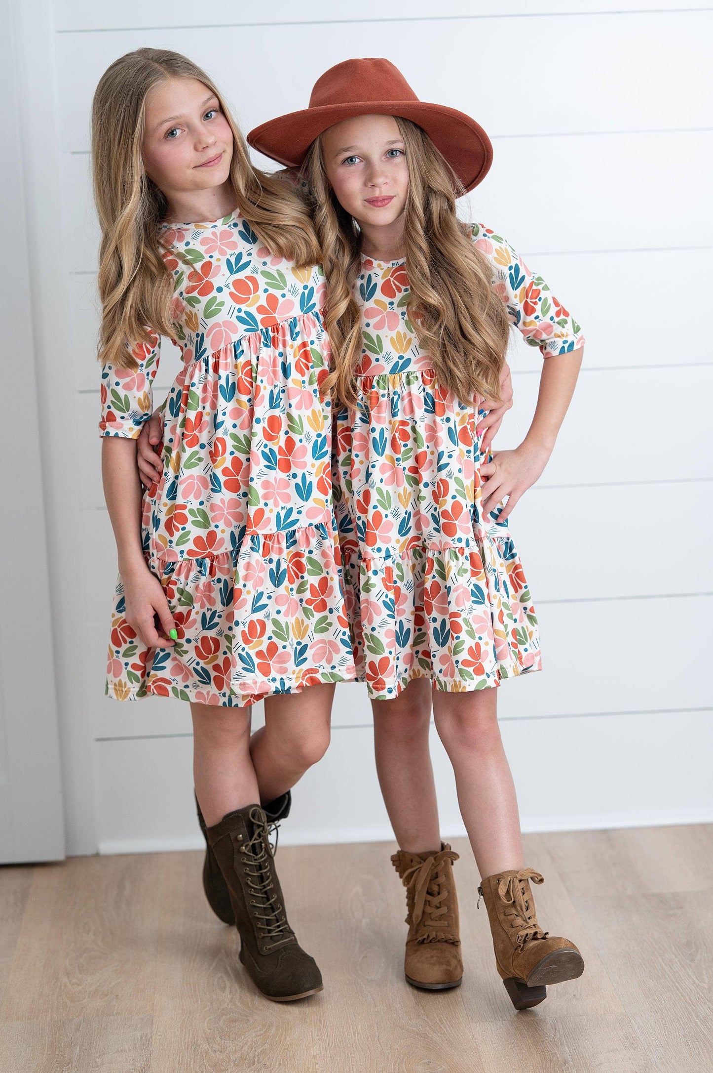 Oopsie Daisy - Girls Emma Retro Rust Mod Fall Floral Tiered Twirl Dress