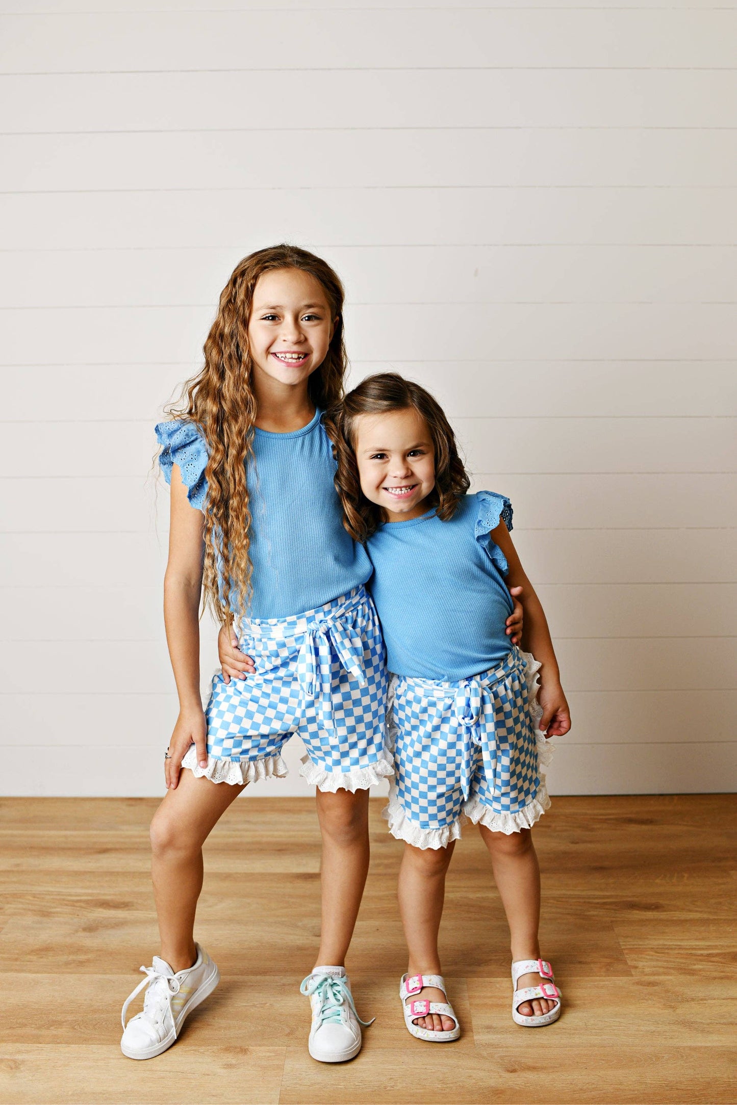Girls Blue Lace Checkered Spring Summer Ruffle Short Set