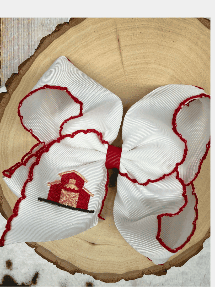 The Hair Bow Company - Little Red Farmhouse Barn Embroidered Hair Bow | Clip or Headband