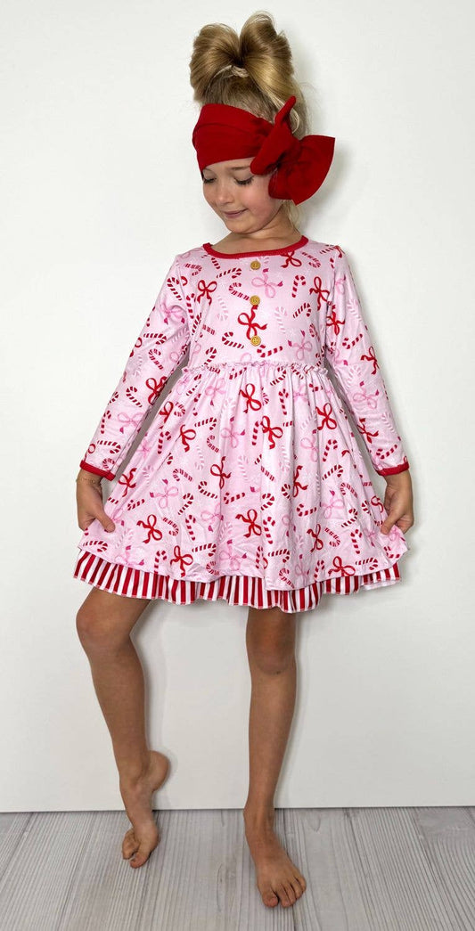 Clover Cottage - Candy Cane Bows Girls Dress