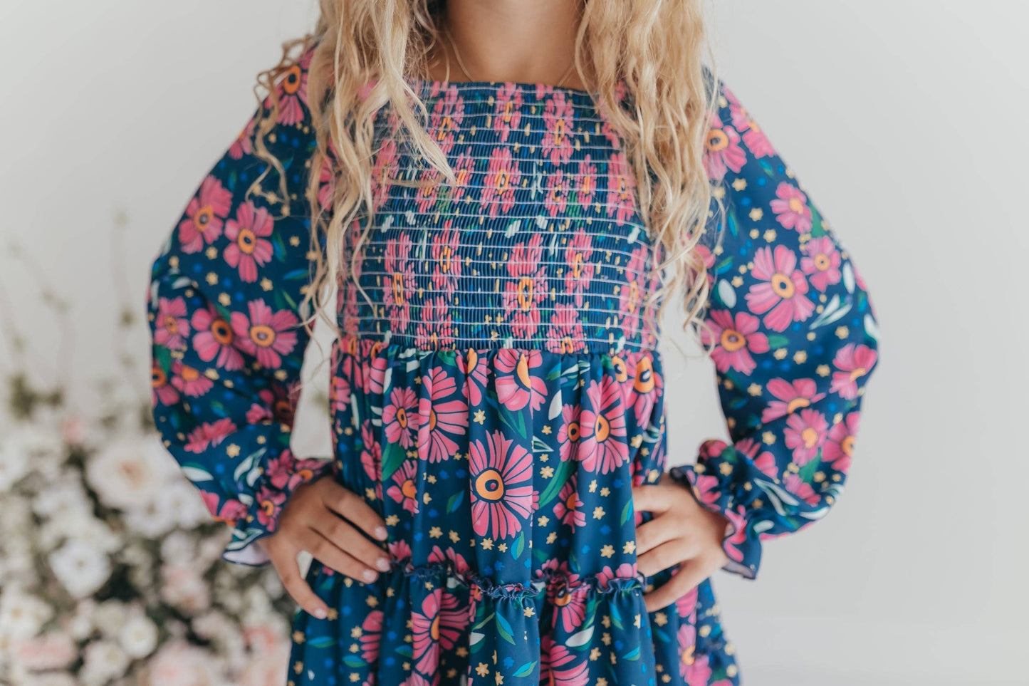 Oopsie Daisy - Girls Grace Blue & Pink Flower 3 Tiered Smocked Dress