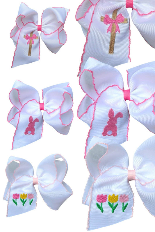 5" Easter embroidered hair bows with moon stitch trim
