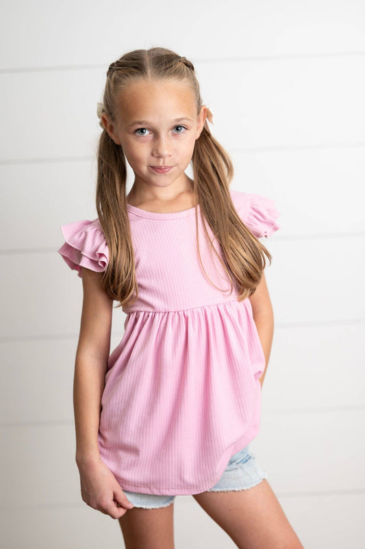 Kids Light Pink Ribbed Double Ruffle Flutter Sleeve Shirt