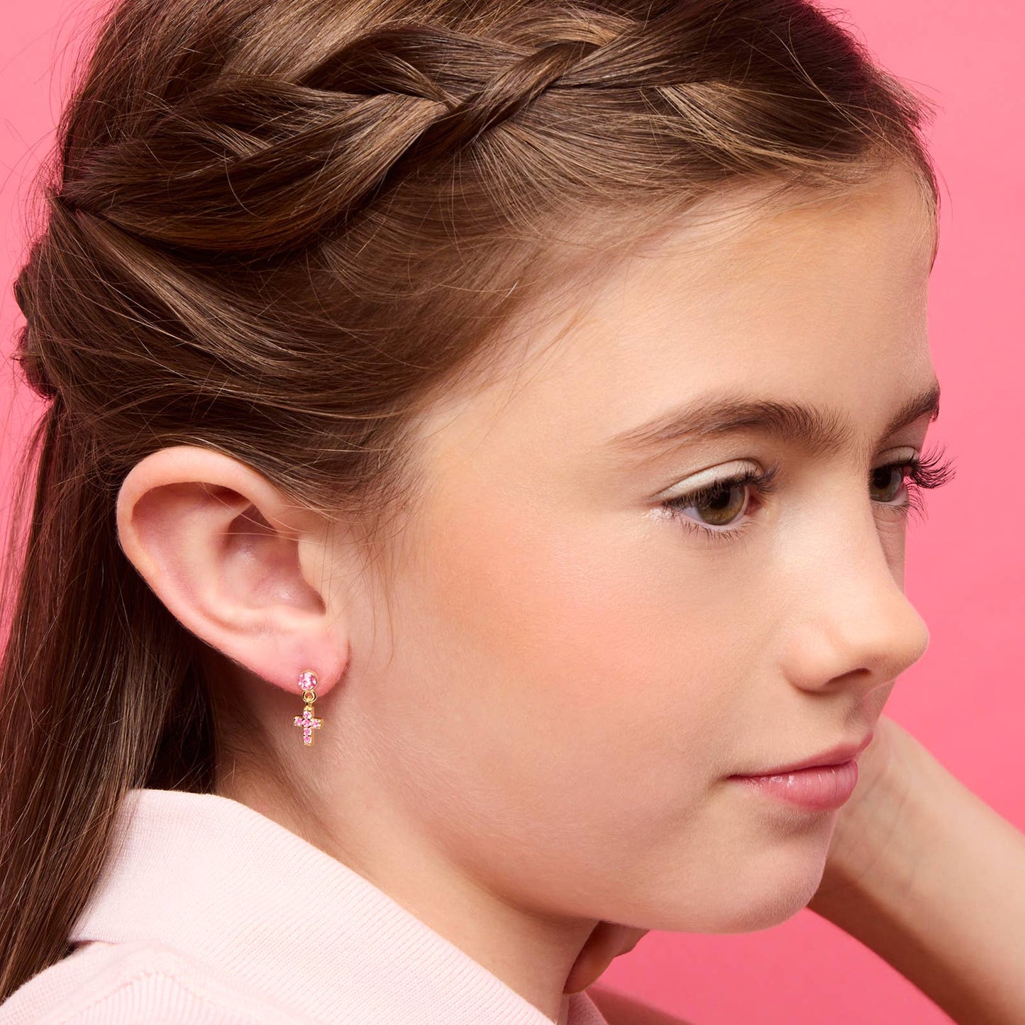 Girl Nation - Little Luxe Drop Earrings | Cross with Pink Cubic Zirconia