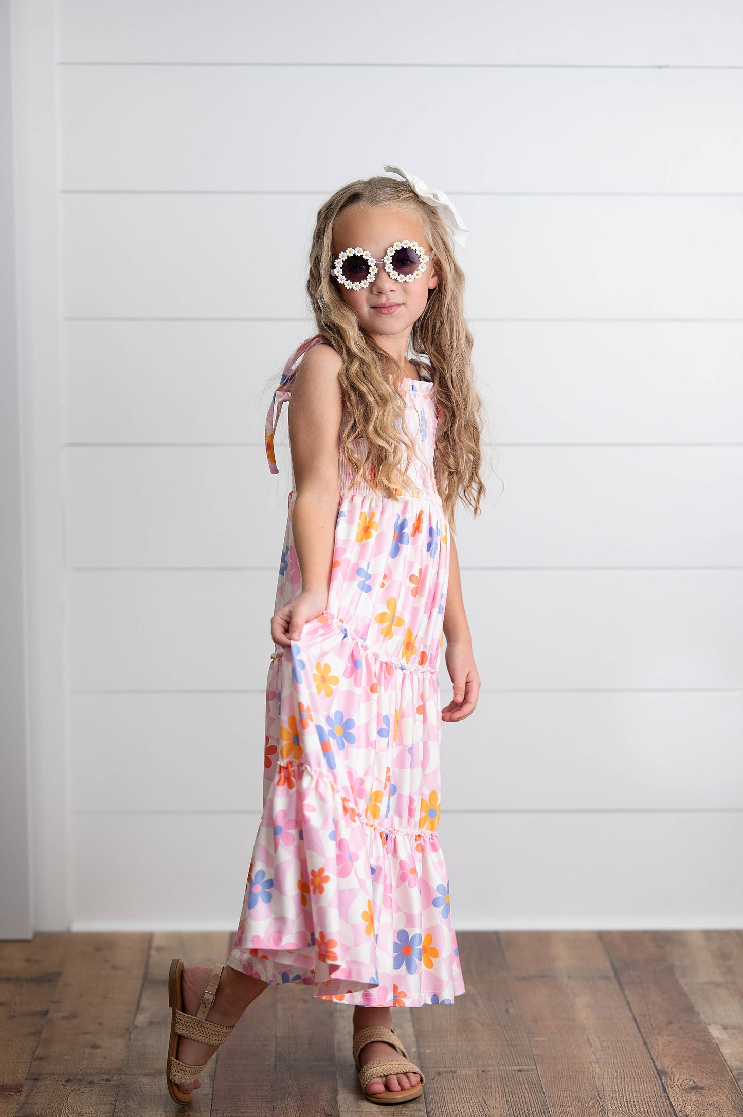 Oopsie Daisy - Girls Pink Retro Daisy Tiered Spring Summer Maxi Dress