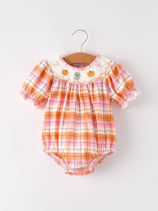 Rylee Faith Designs - Halloween Pumpkin Bow Ghost Smock Embroidered Plaid Girls Romper