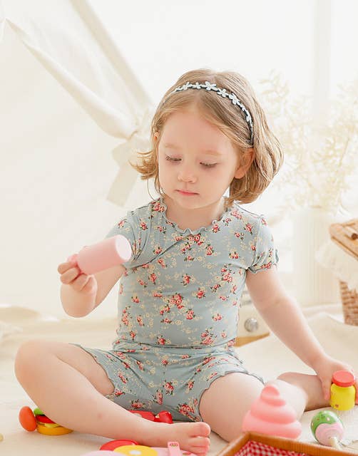 Shirring Flower Mint Short sleeve Viscose Pajama