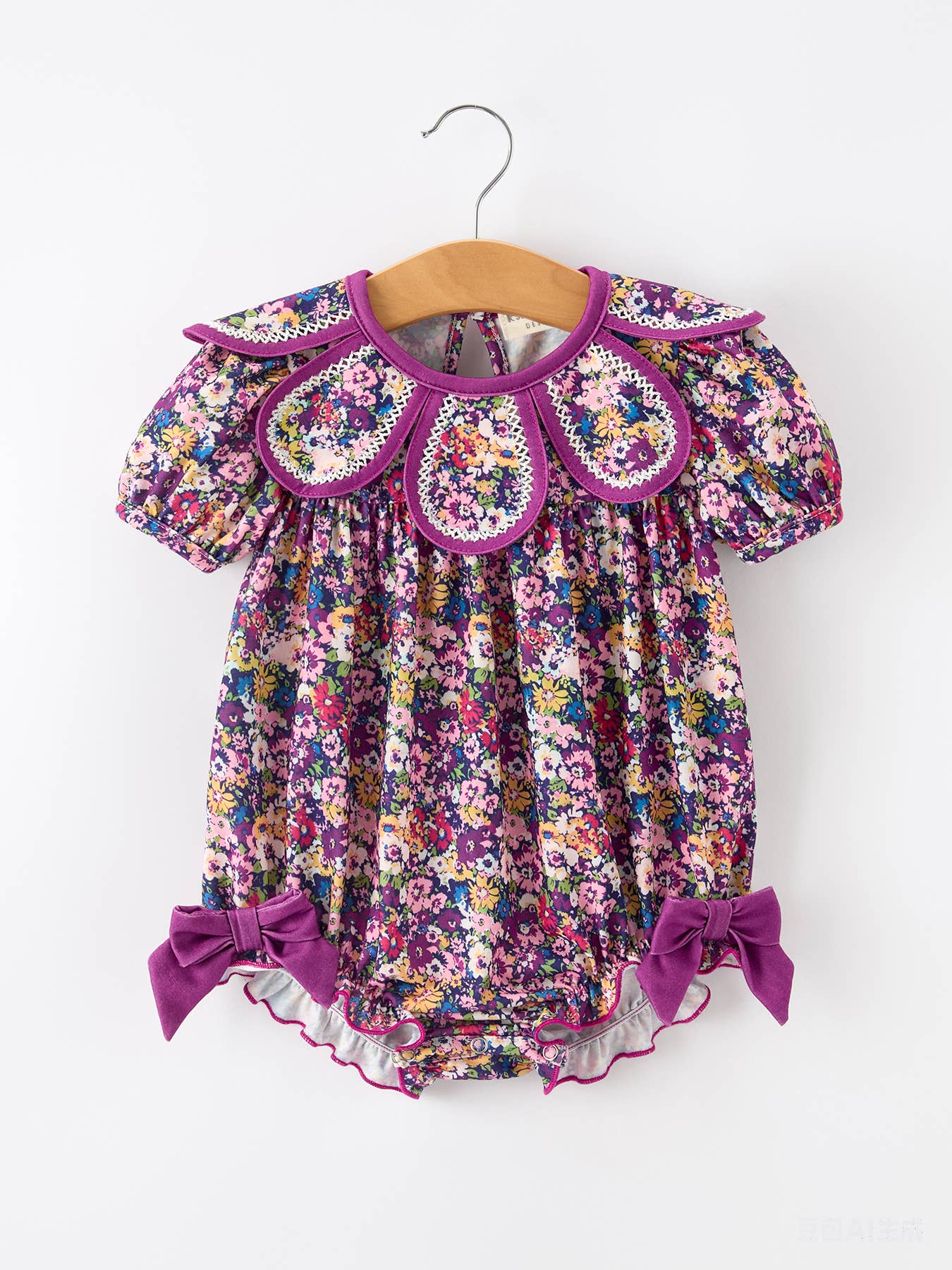 Rylee Faith Designs - Purple Floral Bow Petals Collar Girls Romper