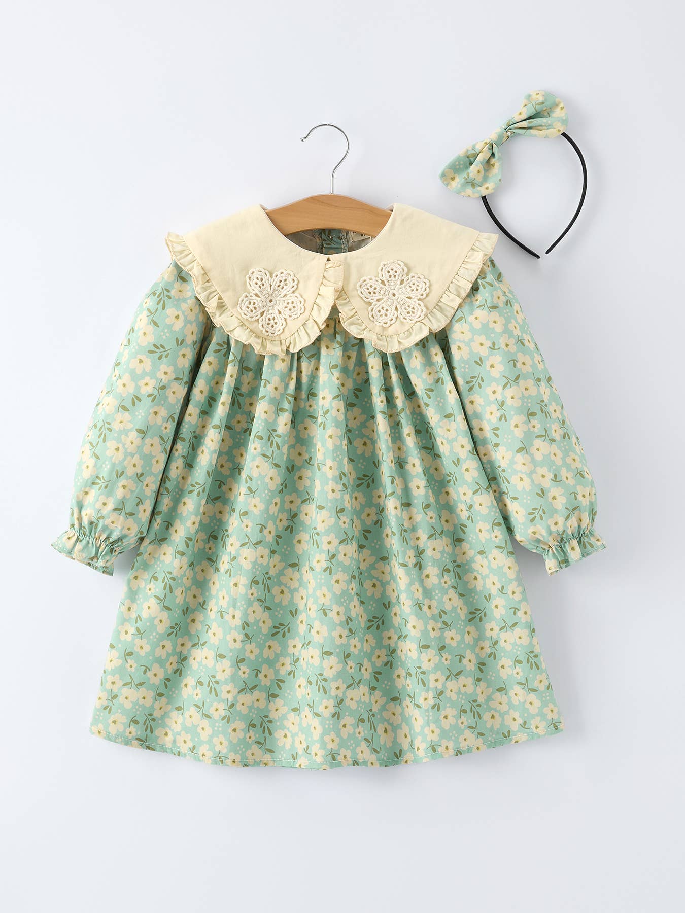 Spring Floral Print Long-Sleeved Romper and Dress Matching Headband