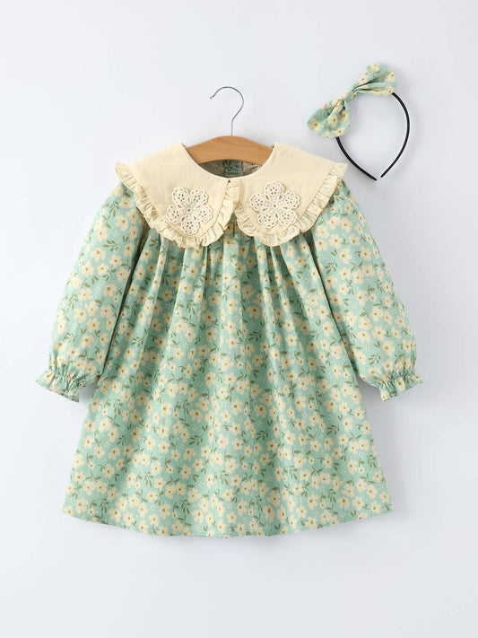Spring Floral Print Long-Sleeved Romper and Dress Matching Headband