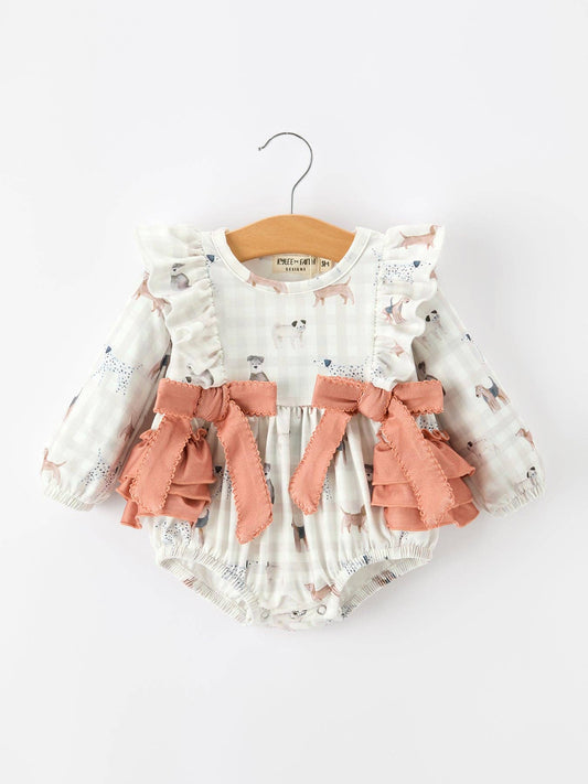 Rylee Faith Designs - Fall Plaid Dog Print Girls Long Sleeve Romper
