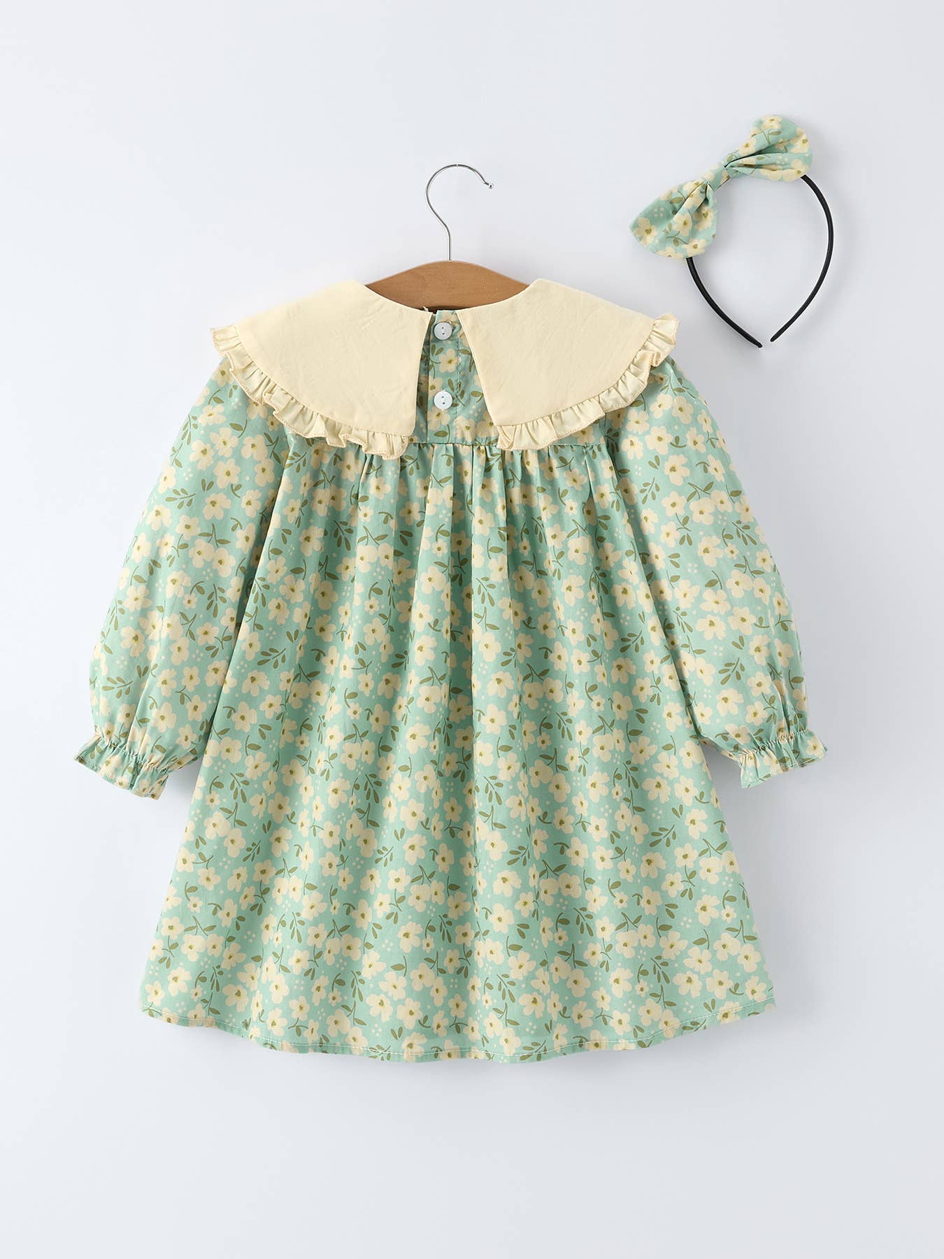 Spring Floral Print Long-Sleeved Romper and Dress Matching Headband