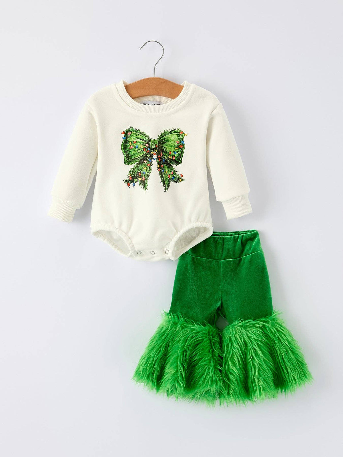 Rylee Faith Designs - Mommy & Me Christmas Bow Print Baby Romper with Green Furry Bell Bottoms