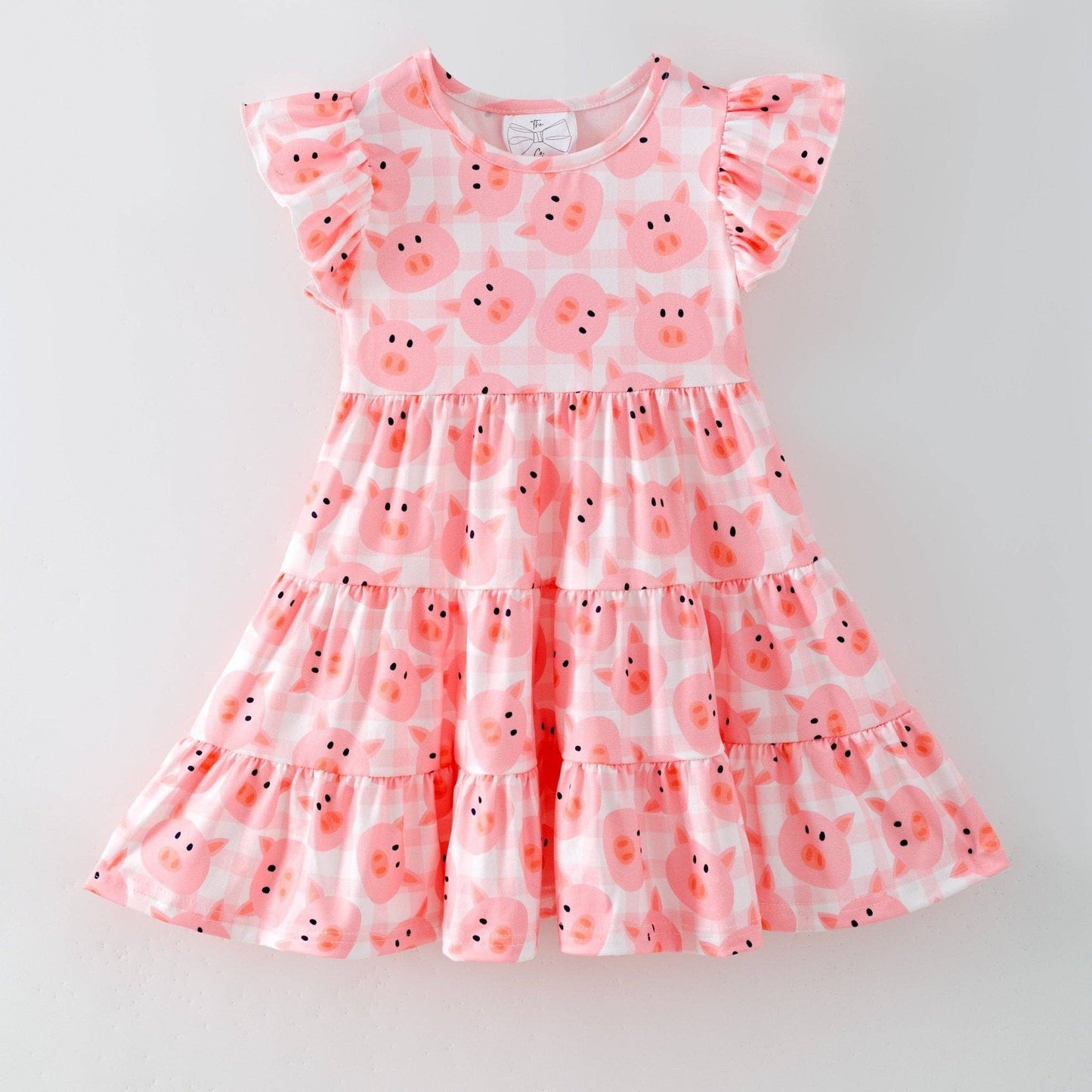Pink Pig Gingham Tiered Dress | Girls Farm Animal Ruffle Dress