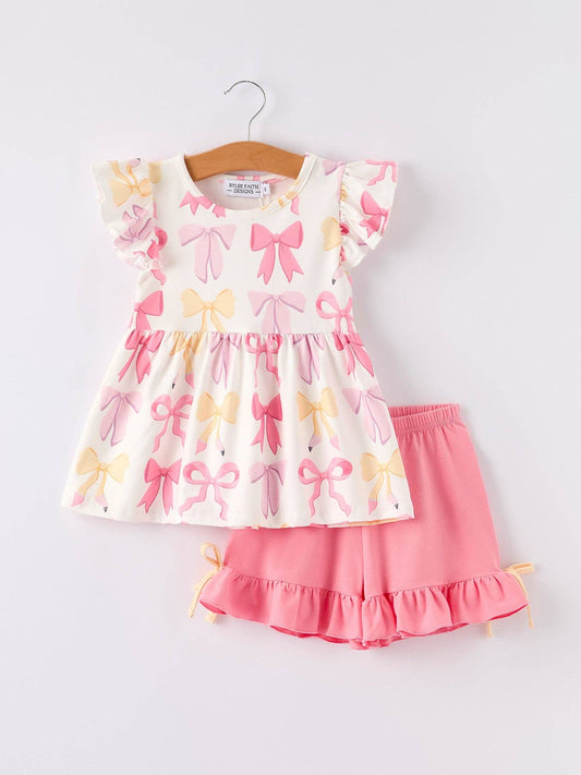 Girl's Summer Bow Short Sleeve Shorts Set