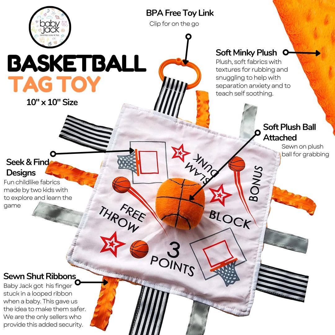 Baby Jack and Company - Basketball Baby Learning Lovey Tag Stroller Toy 10" x 10"