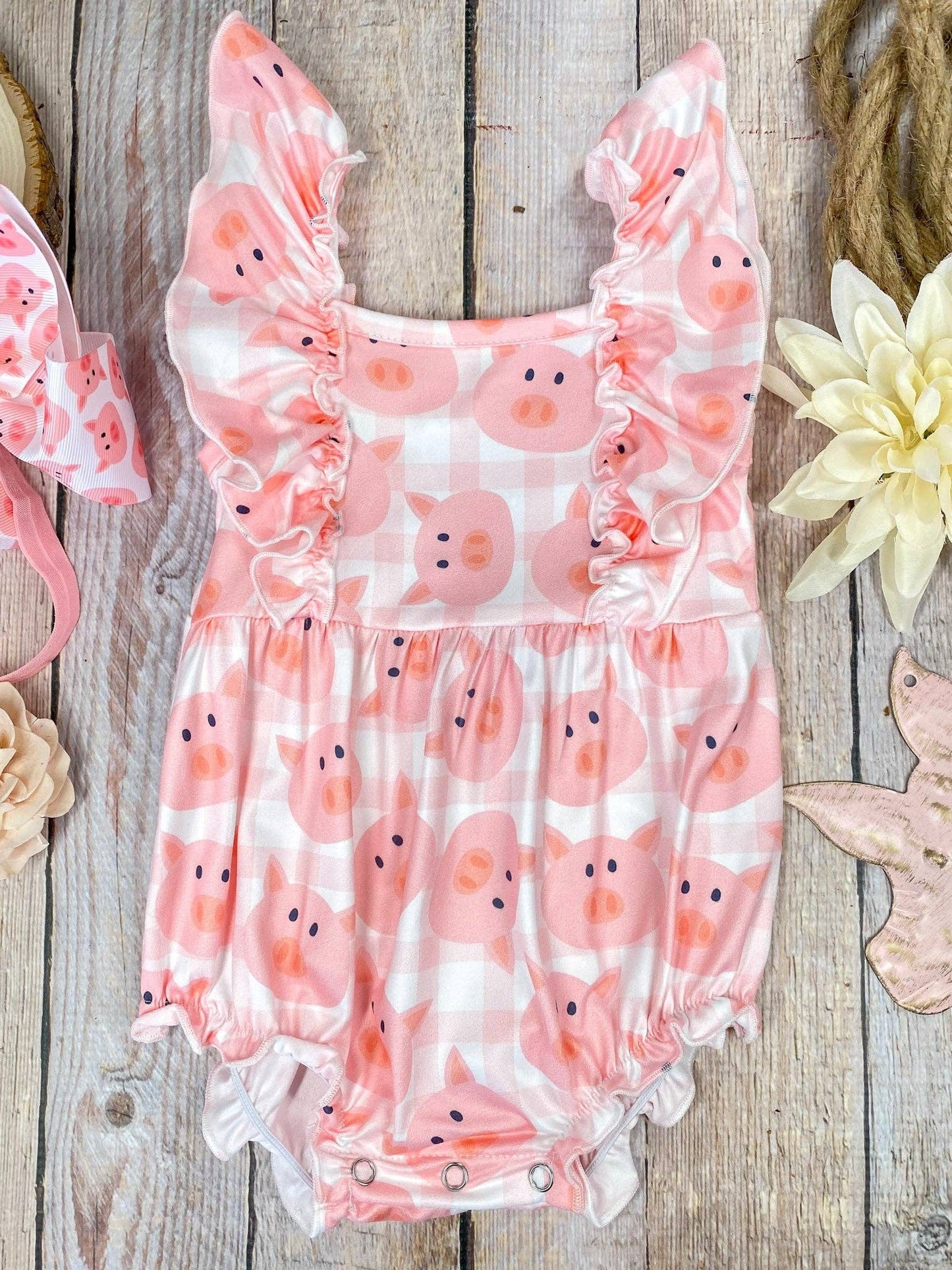 Pink Pig Gingham Bubble Romper | Baby Farm Animal Onesie