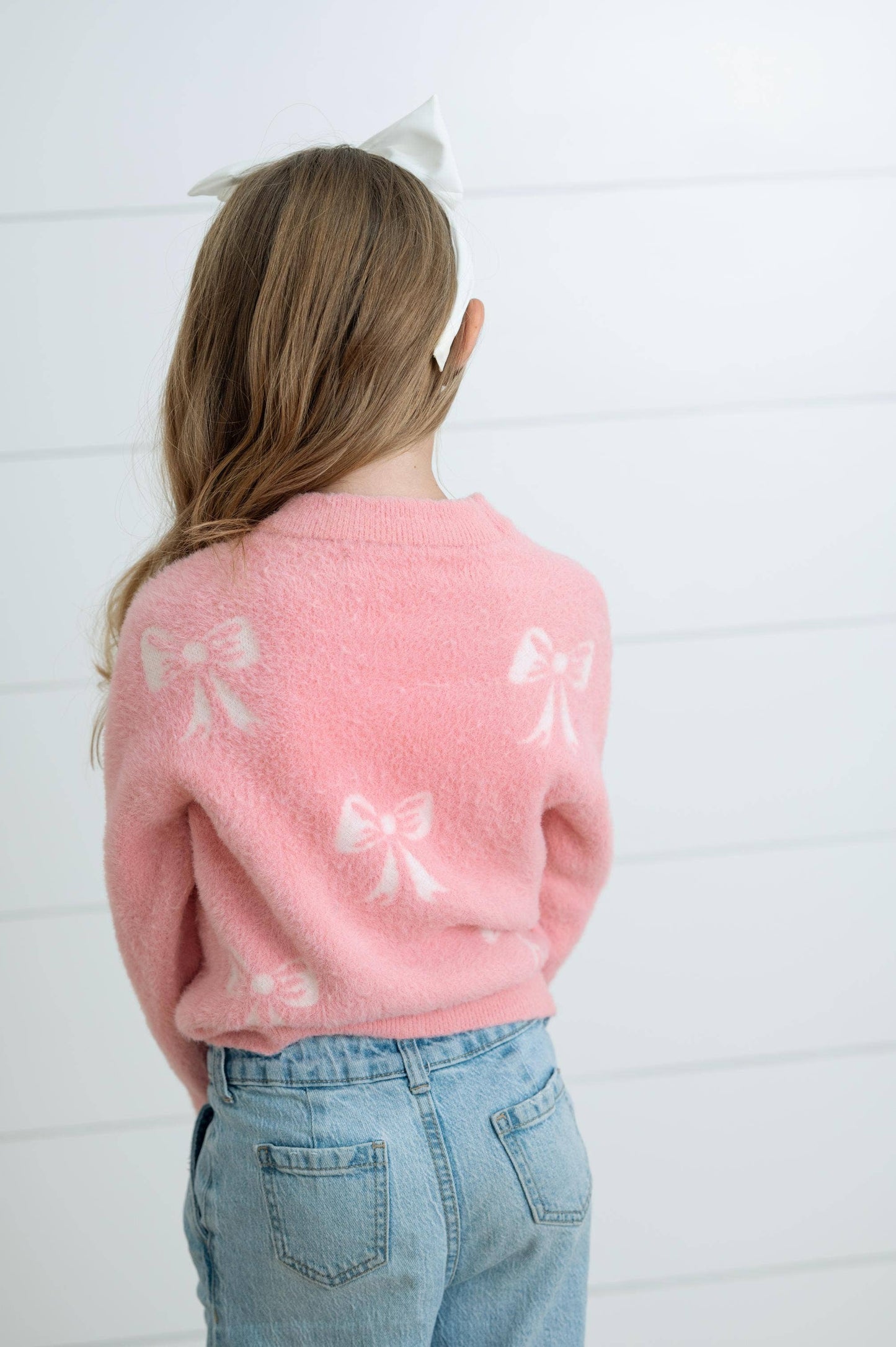 Adorable Sweetness - Girls Fall Winter Pink and White Bow Sweater