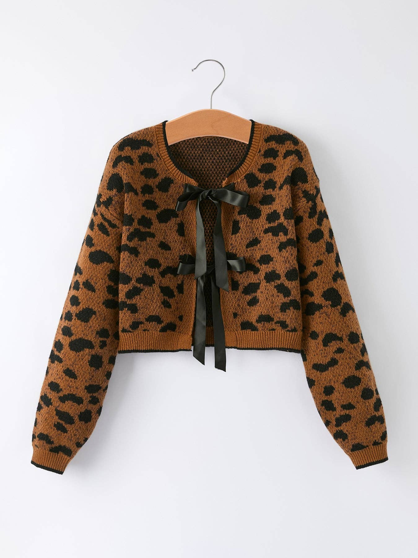 Mommy and Me Leopard Sweater Cardigan with Black Ribbon Bows
