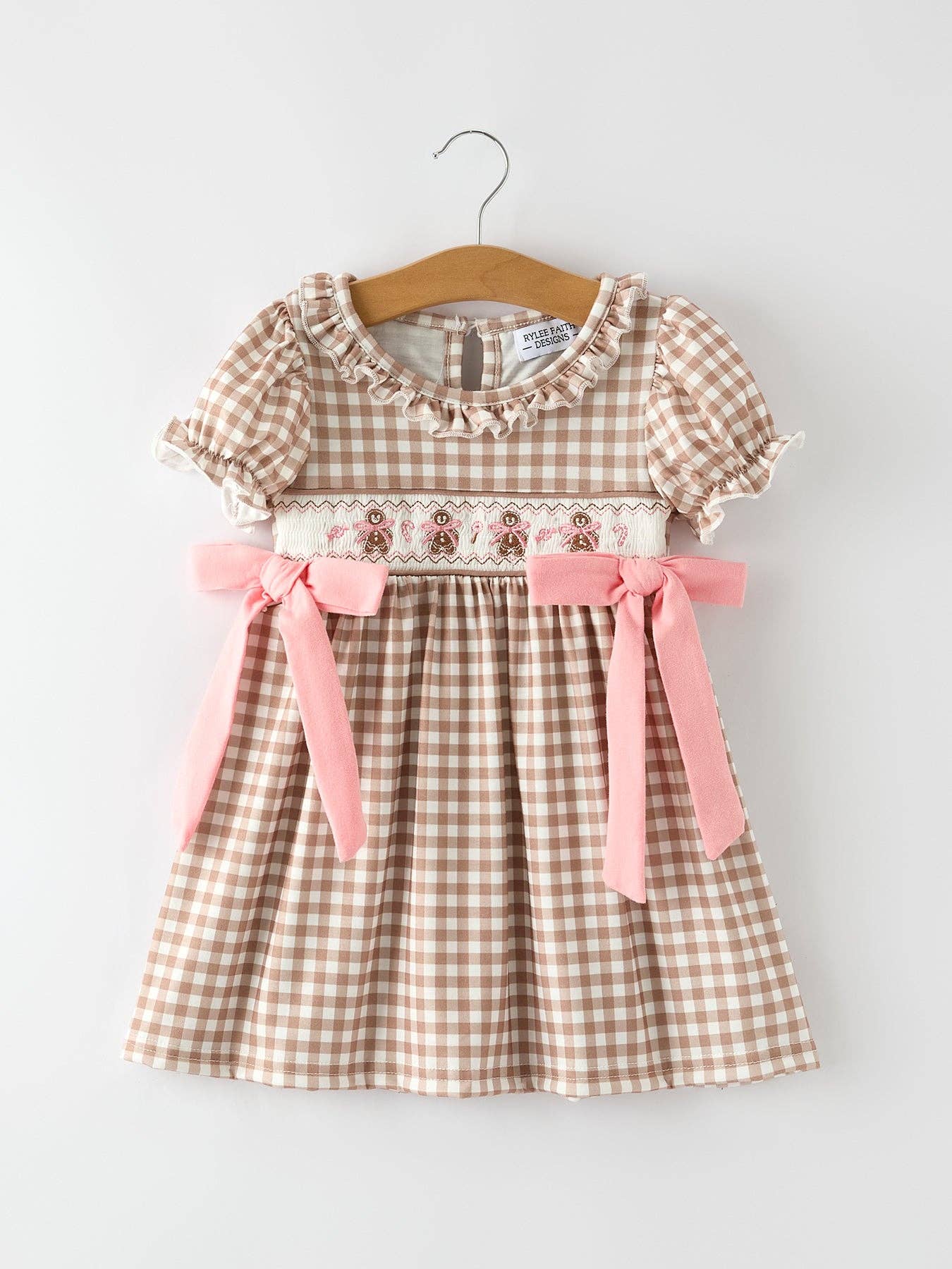 Christmas Vintage-Style Plaid Dress with Embroidered Gingerbread and Bows