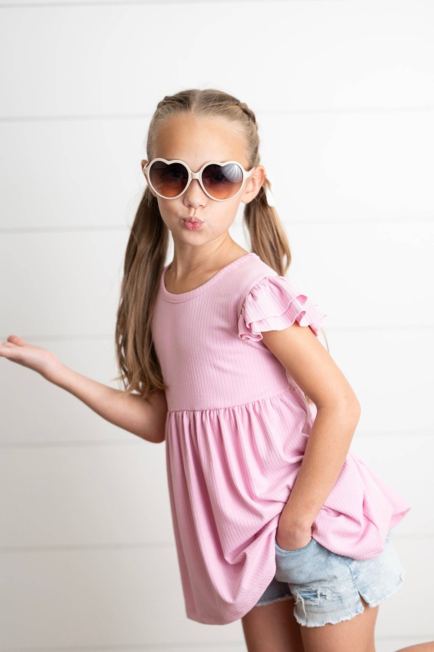 Kids Light Pink Ribbed Double Ruffle Flutter Sleeve Shirt