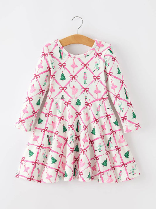 Ballet Christmas Bow Print Flare Dress