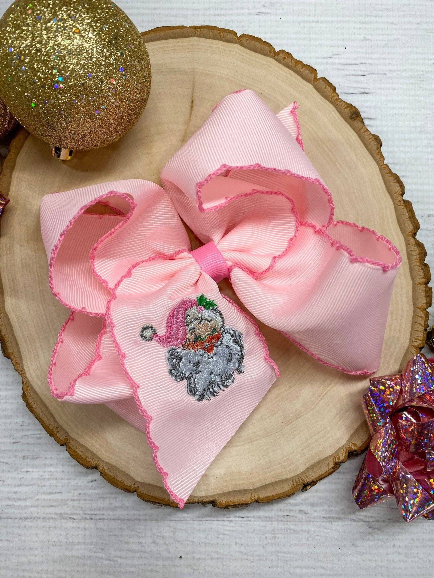 The Hair Bow Company - Pink Santa Embroidered Hair Bow | Clip or Headband