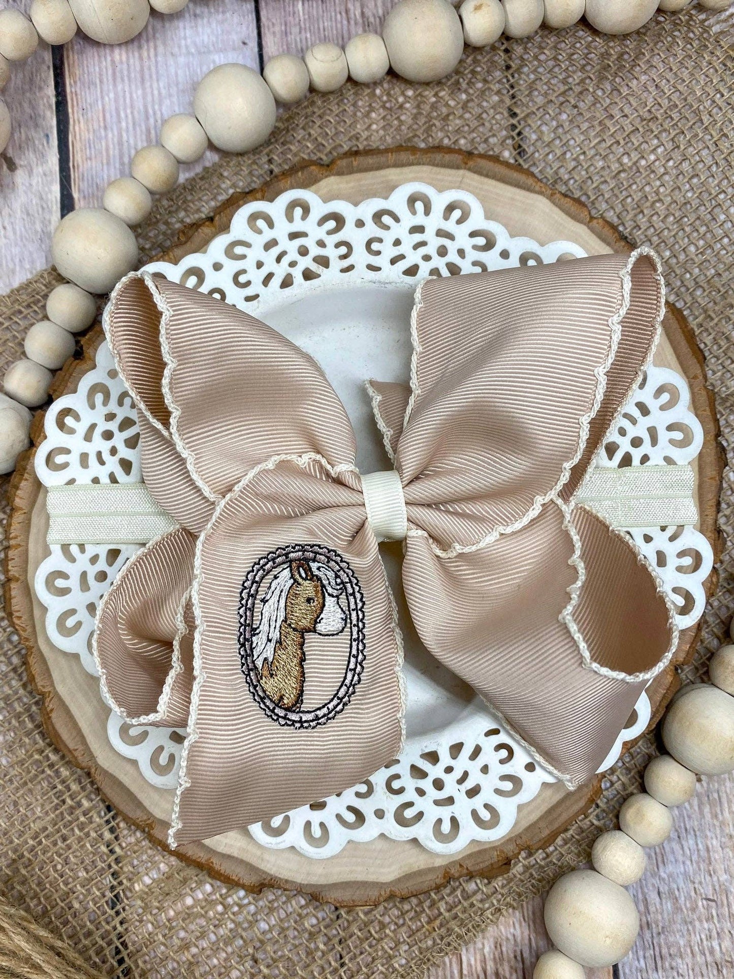 Cameo Horse Embroidered Moonstitch Hair Bow | Clip