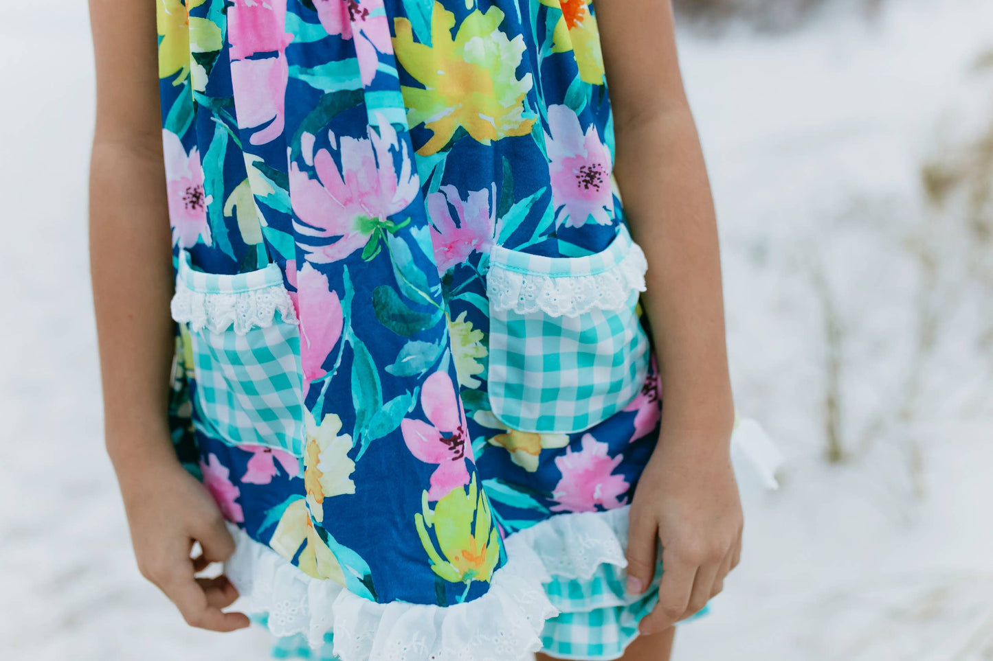 Girls Jade Checkered Floral Pocket Lace Spring Short Set